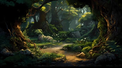 The River Bank with Flowers and Trees.Deep Forest. Video Game's Digital CG Artwork, Concept Illustration, Realistic Cartoon Style Background. Fantasy Backdrop.Generative AI.
