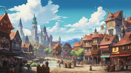 Foto op Aluminium Fairy Tale Town.Europe town street. Fiction Backdrop. Concept Art. Realistic Illustration. Video Game Digital CG Artwork. Industry Scenery.Concept Art Scenery. Book Illustration. Generative AI  © info@nextmars.com