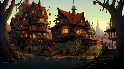Fototapeta premium Fairy Tale Town.Europe town street. Fiction Backdrop. Concept Art. Realistic Illustration. Video Game Digital CG Artwork. Industry Scenery.Concept Art Scenery. Book Illustration. Generative AI 