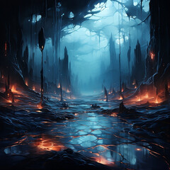 A terrifying and unpleasant landscape full of cobwebs and burning lava, a background for Halloween.