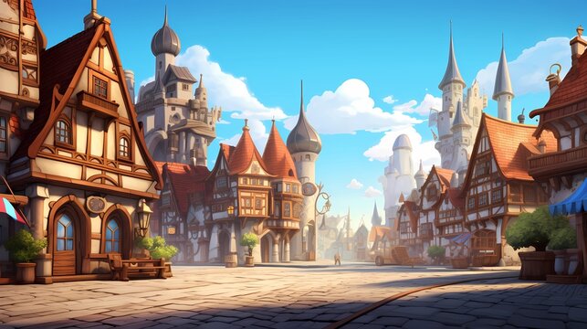 Fairy Tale Town.Europe town street. Fiction Backdrop. Concept Art. Realistic Illustration. Video Game Digital CG Artwork. Industry Scenery.Concept Art Scenery. Book Illustration. Generative AI
