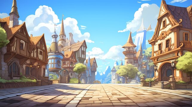 Fairy Tale Town.Europe town street. Fiction Backdrop. Concept Art. Realistic Illustration. Video Game Digital CG Artwork. Industry Scenery.Concept Art Scenery. Book Illustration. Generative AI
