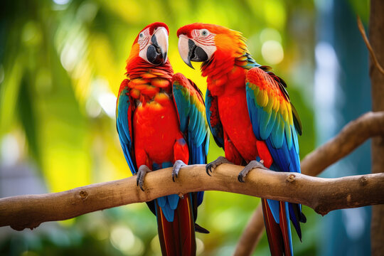 Two Scarlet Macaws perched on a branch. The birds are facing each other and appear to be interacting