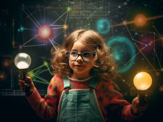 Cute Little Smart Gifted Girl with Glasses Holding a Light Bulb Among Scientific Symbols - AI generated