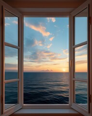 large open window overlooking the ocean with blue ocean