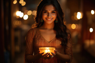 Obraz na płótnie Canvas Indian Woman holding lit diya lamp in hands, closeup. Diwali celebration