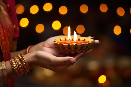 Indian Woman holding lit diya lamp in hands, closeup. Diwali celebration