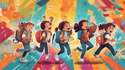 school children on a colorful paper wall background. Children with backpacks. Children are happy and ready to learn. Dynamic images. Positive cheerful and active jumps