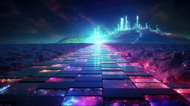 Traveling the Galaxy on Luminous Seaglass - A High Tech SciFi Roadway Merging Natural Beauty with Advanced Technology Wallpaper - Sci-Fi Tech Road Background created with Generative AI Technology