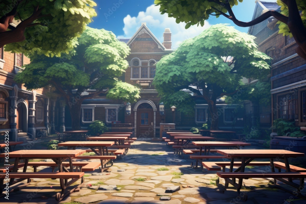 Poster a courtyard with tables and benches in front of a house. generative ai image.