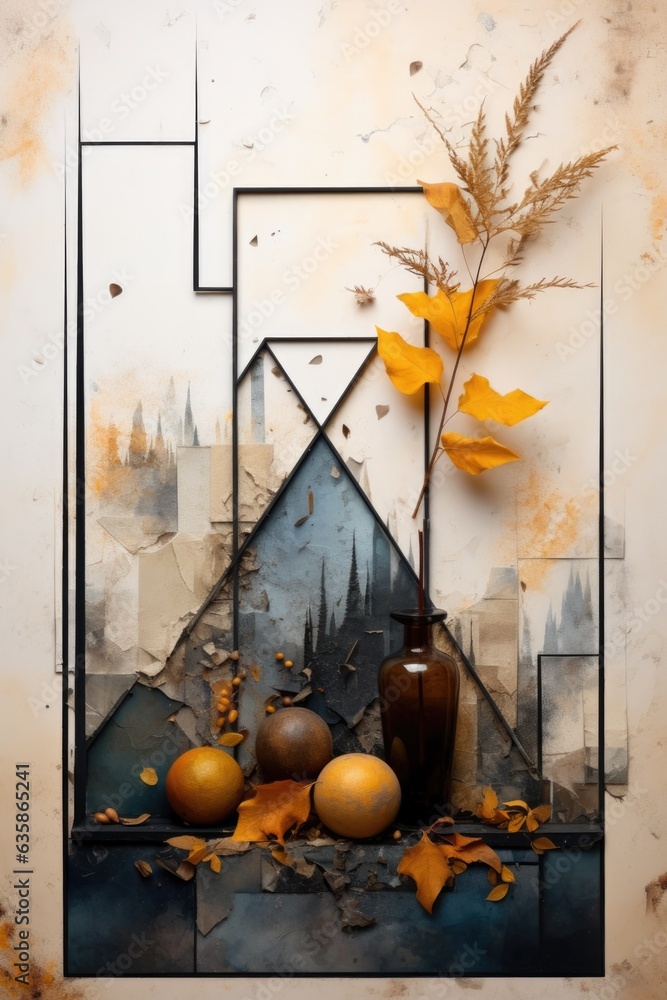 Poster a painting of a vase with leaves and other objects. generative ai image.