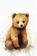 Fototapeten Little baby brown bear drawn in water paint style isolated on white background © Lukas Juszczak