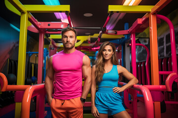 Fototapeta na wymiar Athletic couple posing in the gym in beautiful colorful outfits