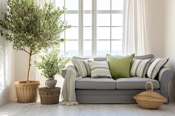 Traditional living room with grey sofa, green pillows, olive tree in wicker basket, floor lamp, white wall background. .