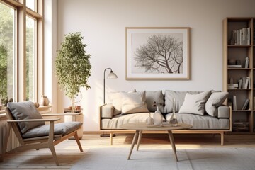 Create a 3D visual of a Scandinavian style living room with a modern poster frame.