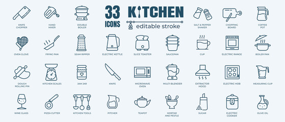 Obraz na płótnie Canvas Kitchen and Cooking line icons set. Kitchen utensil - pan, oven, cookbook, saucepan, weight, chef hat, blender, glass crockery, casserole vector illustration. 