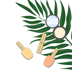 cosmetic banner with nail polish bottles and open powder. poster vector with tropical leaf and cosmetics