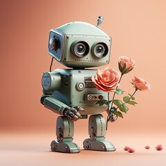 Cartoon robot with red roses in his hands. A living mechanism. Created by AI.