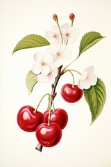 Simple, clean botanical illustration of a small bunch of red cherries and cherry flowers attached to a single stem on a white background.