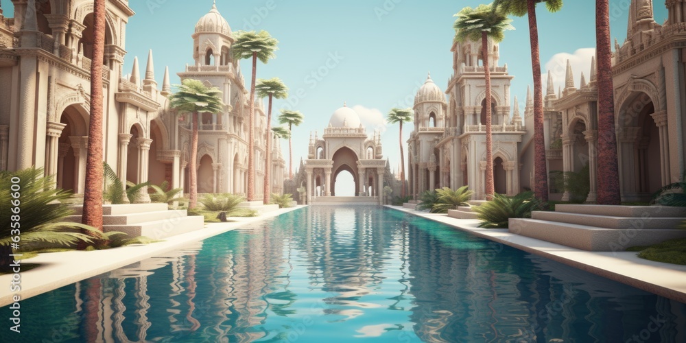 Poster a large pool in front of a building with a clock tower in the background. generative ai image.