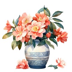 Camellia in vase isolated on white background