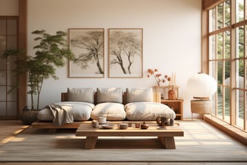 3D digital art of an open Muji style interior living room.