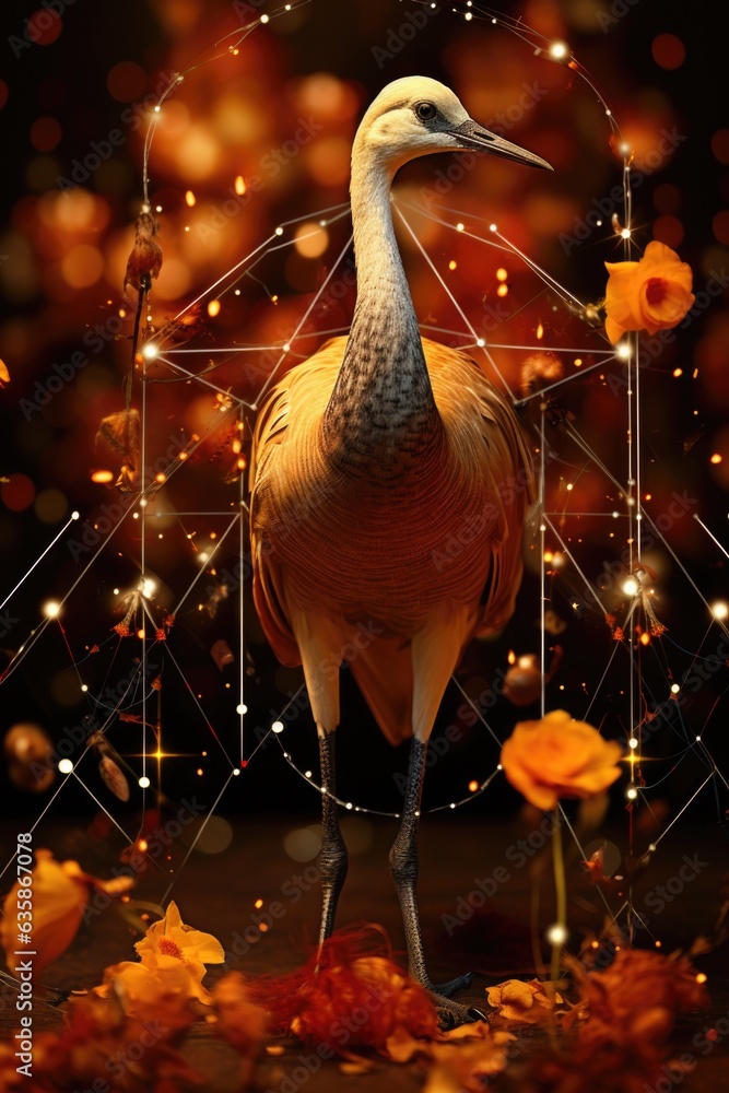 Poster a large bird standing on top of a field of flowers. generative ai image.