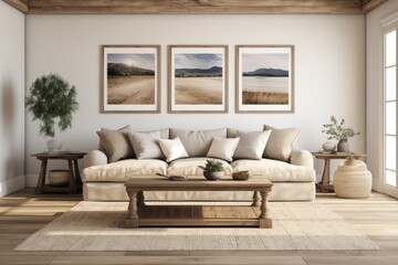 a farmhouse style living room with a wall mockup