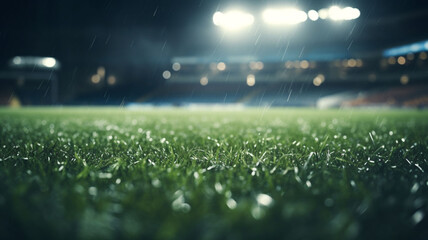 Serenity in Motion: A Captivating 3D Rendered Panoramic Inside View of a Stadium, Highlighting the Close-Up Serenity of Grass Amidst the Enigmatic Dance of Blurred Lights