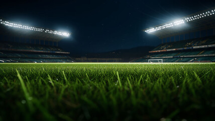 Ethereal Serenade: An Immersive 3D Rendered Panoramic Inside View of a Stadium, Featuring a Close-Up of Velvety Grass Amidst the Enigmatic Gleam of Blurred Lights