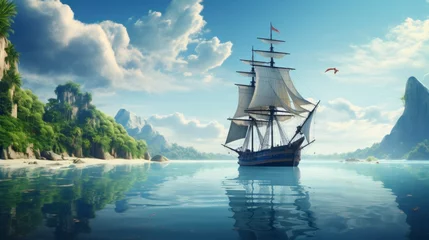 Fotobehang Schipbreuk of a majestic pirate ship sailing on the open sea