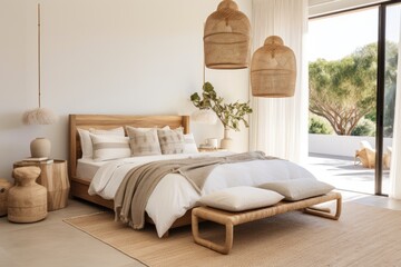 Mid century modern an off white bedroom with a big bed, rattan chandeliers, marble bedside tables, and beige decor.