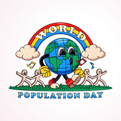 World population day, the earth walks happily holding a paper man, perfect for logos, t-shirts, stickers and posters