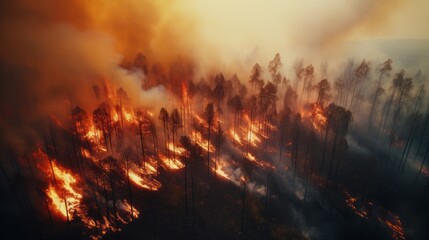 Photo of a fiery forest ablaze with burning trees