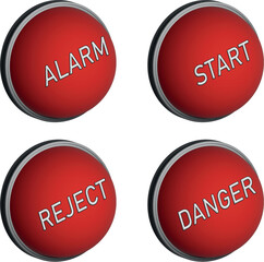 Set of red 3d buttons with words. Collection of warning metallic buttons, vector illustration. Isolated concept.