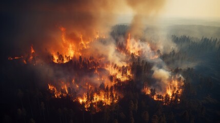 Photo of a massive forest fire engulfing the landscape in a blaze of destruction