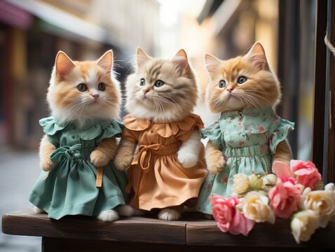 Medium view, full body, anthropomorphic, side view, three chubby kittens looking like children, wearing short sleeves and dresses, standing in front of a store with green windows, green, photography, 