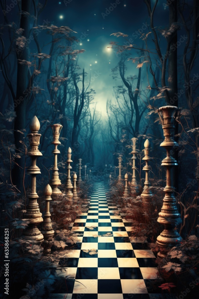 Poster a chess board in the middle of a forest. generative ai image.