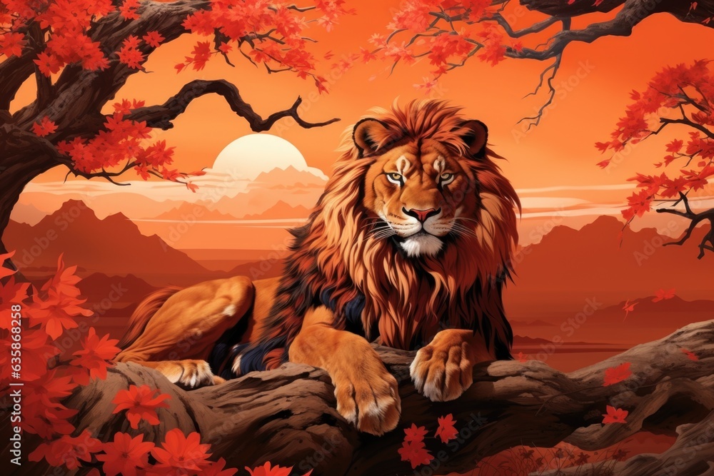 Wall mural A painting of a lion sitting on a rock. Generative AI image.