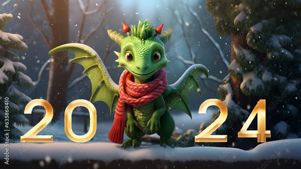 Wall mural cute green cartoon dragon symbol of 2024 with a red new year scarf in a snowy fairytale forest with 