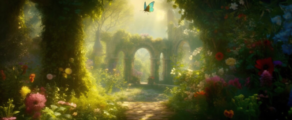 Naklejka premium surreal, a beautiful secret garden. A quiet and bright place.