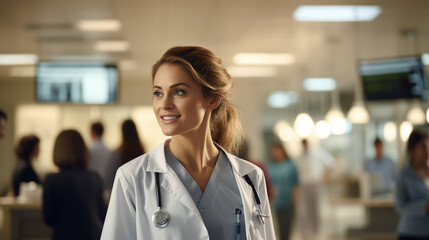 An image of a female doctor in a bustling hospital, stethoscope hanging from her neck, conversing with a colleague near a nurses' station, wide banner with copy space area Generative AI