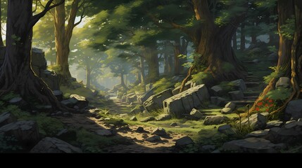 The River Bank with Flowers and Trees.Deep Forest. Video Game's Digital CG Artwork, Concept Illustration, Realistic Cartoon Style Background. Fantasy Backdrop.Generative AI.
- 635868637