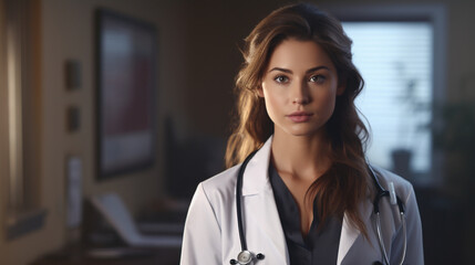 A focused young doctor in a white coat, stethoscope around her neck, intently listening to a patient's heartbeat with her stethoscope, wide banner with copy space area Generative AI