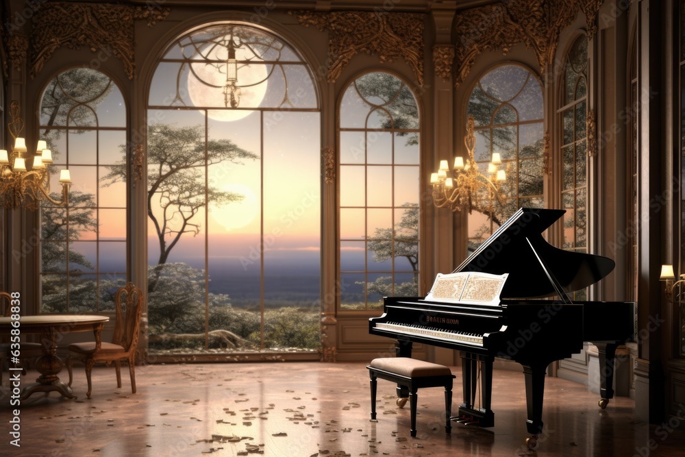 Poster a grand piano in a room with a view of the ocean. generative ai image.