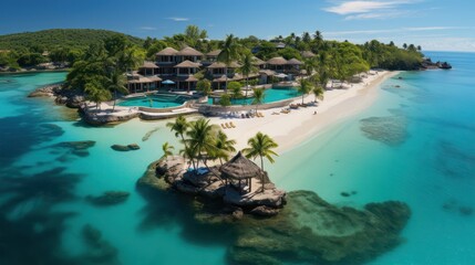 An awe - inspiring aerial view of a tropical paradise, showcasing crystal - clear turquoise waters,...