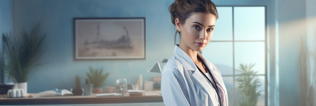 A wide shot of a young woman in a doctor's attire, standing in front of a medical workstation, stethoscope draped around her neck, ready to attend to patients, wide banner with cop Generative AI