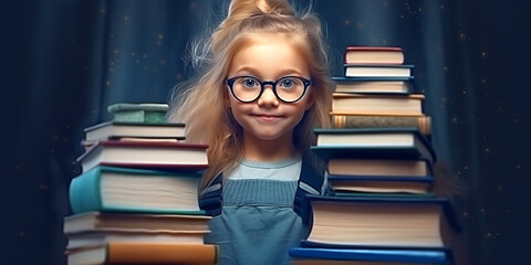 Adorable Smart Girl with Glasses Holding a Stack of Books on Blue Background - AI generated