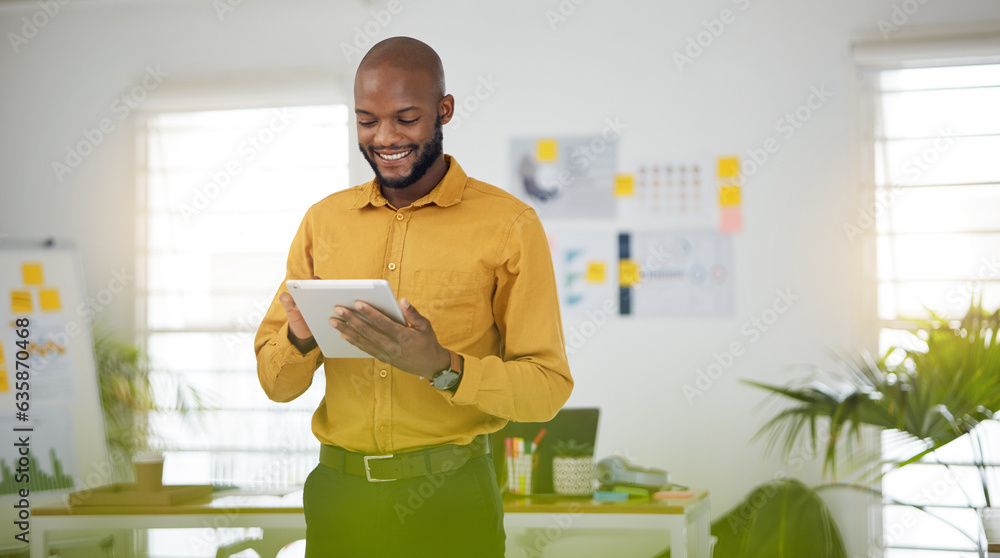 Poster black man in office with smile, tablet and email research for business website, online report or soc