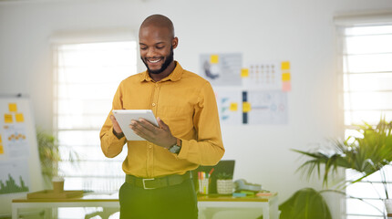 Black man in office with smile, tablet and email research for business website, online report or...